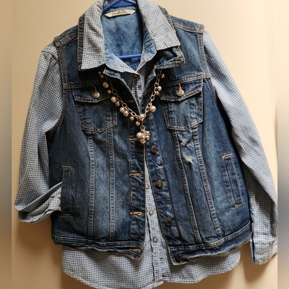 Vanilla Star Tops - Vintage Vanilla Star Blue Gingham 100% Cotton Button-Up Shirt Size L